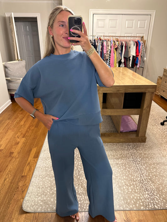 Ribbed Round Neck Tee & Pants Set- Dusty Blue
