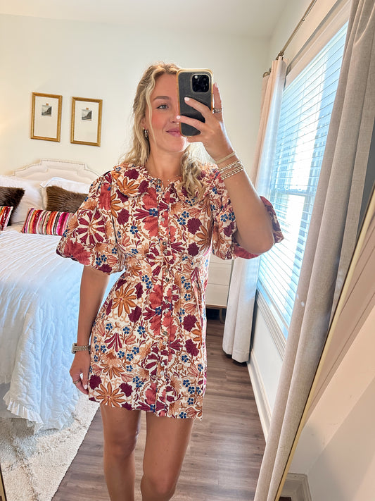 Louis Balloon Mini Dress- Cream/Rust