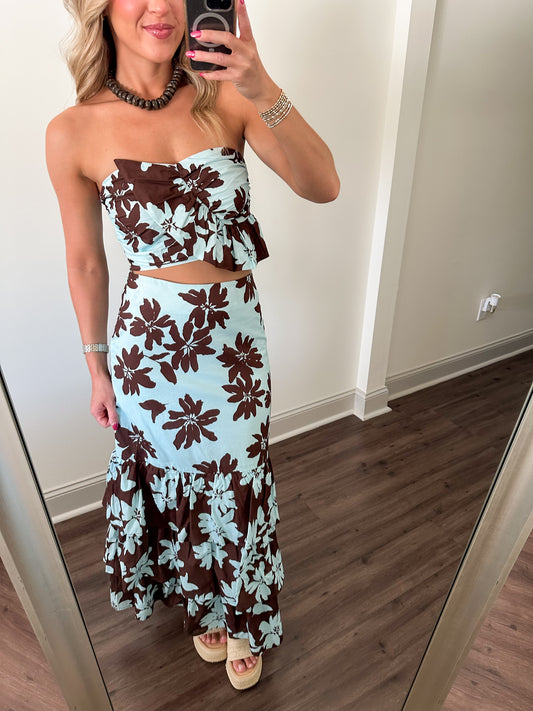 Avena Floral Skirt Set- Blue/Brown