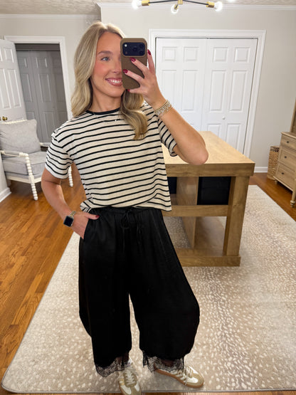 Lace Trim Satin Drawstring Barrel Pants- Black