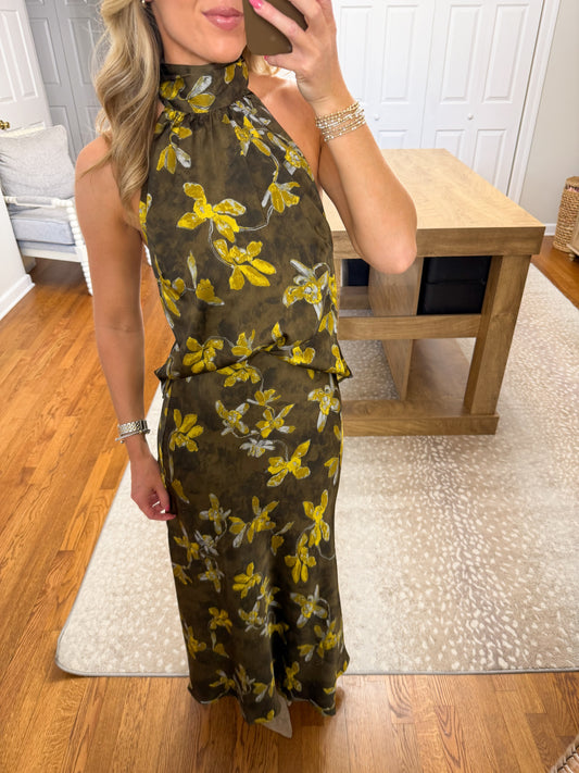 Halter Satin Floral Maxi Skirt Set- Olive/Mustard