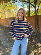 Multi Striped Crew Neck Top- Navy