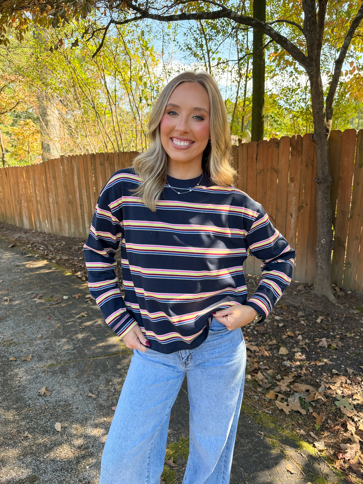 Multi Striped Crew Neck Top- Navy