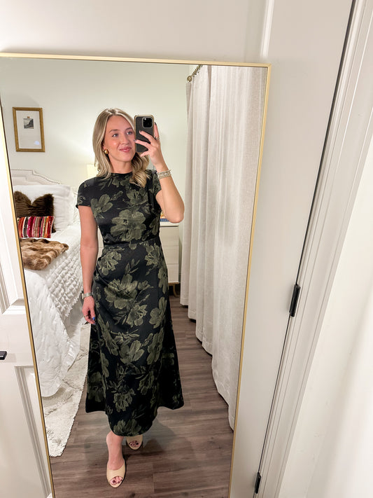 Adeline Floral Maxi Dress- Black/Olive