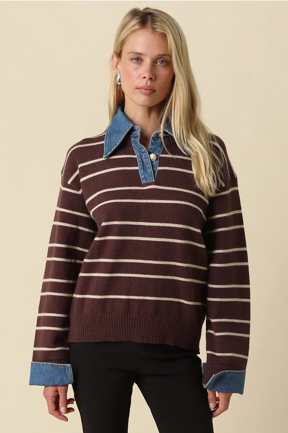 Sofia Stripe Collared Sweater- Brown