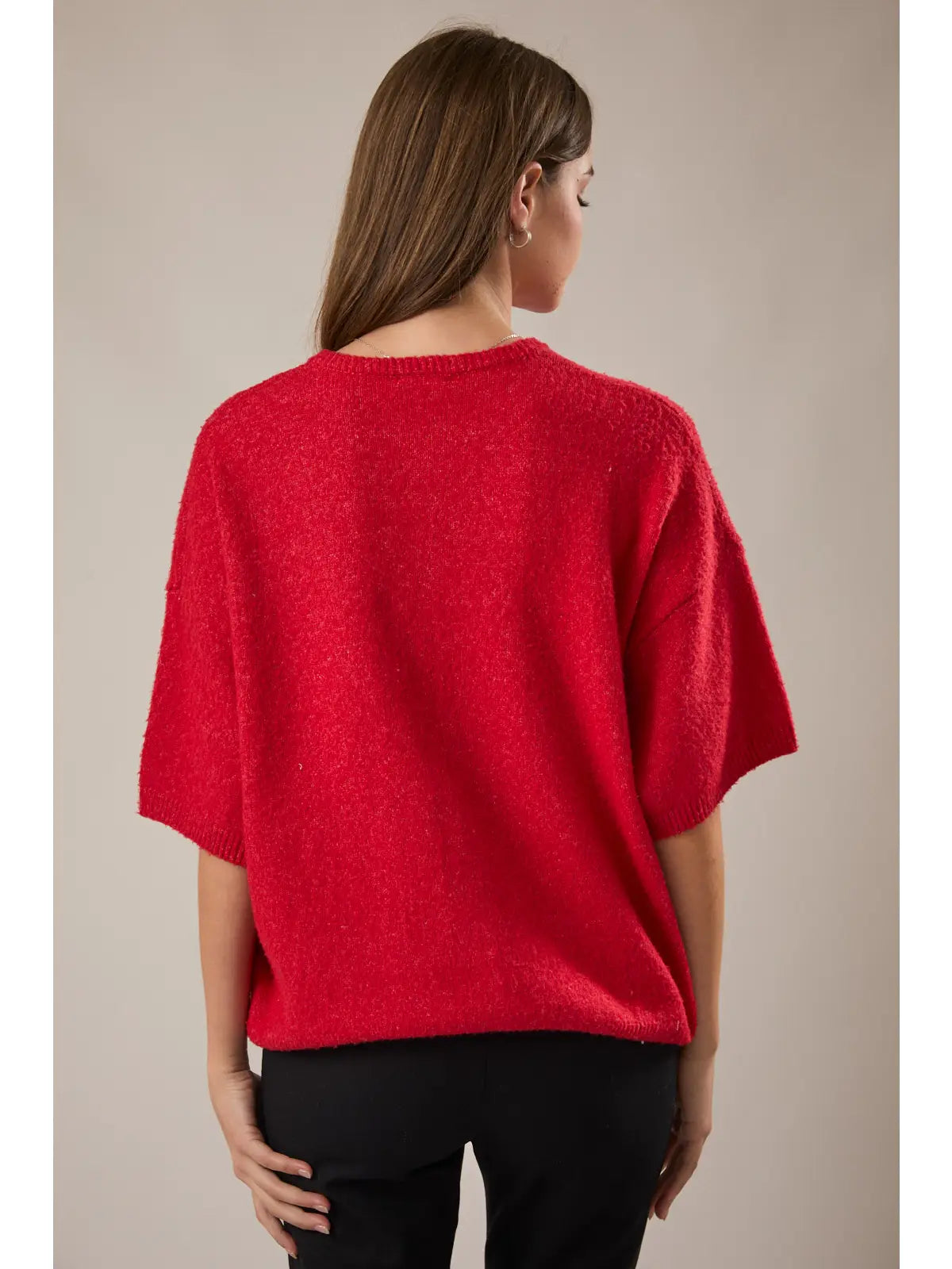 Short Sleeve Crew Neck Sweater Cardigan- Red