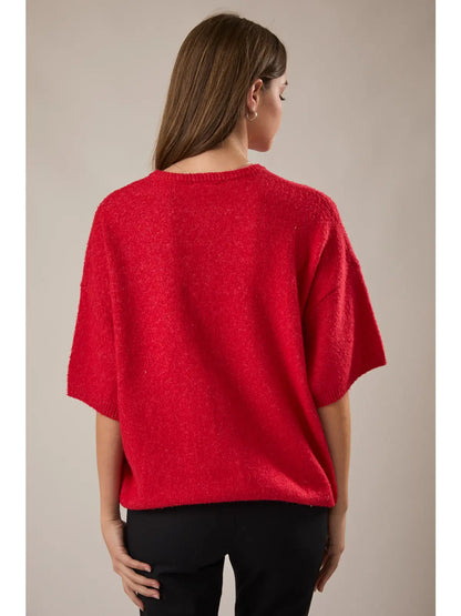 Short Sleeve Crew Neck Sweater Cardigan- Red