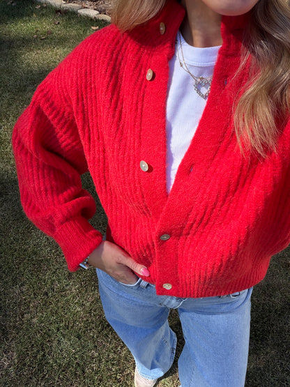 Mila Balloon Sleeve Cardigan- Red