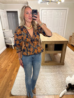 Maje Peplum Blouse- Navy/Orange