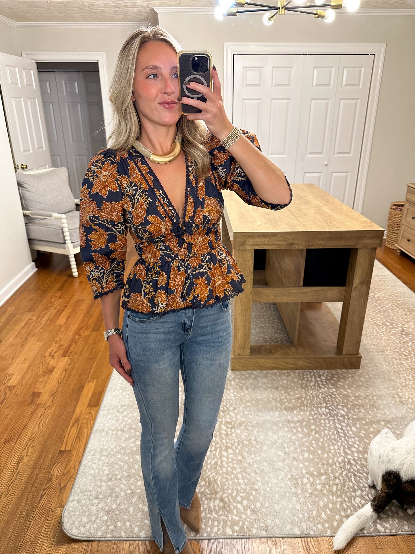 Maje Peplum Blouse- Navy/Orange
