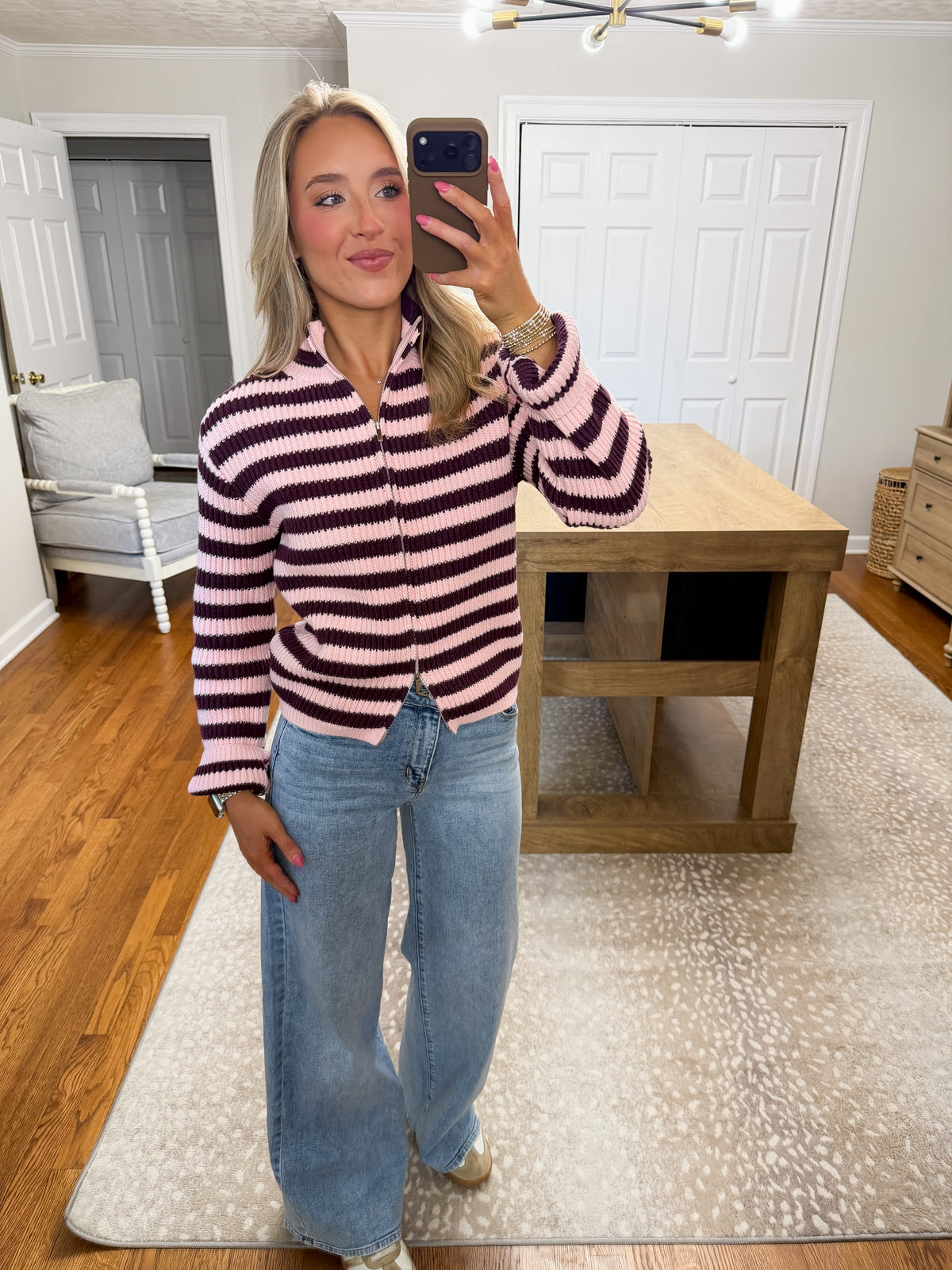 Marissa Rib Knit Striped Zip-Up Cardigan- Plum/Pink