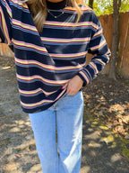 Multi Striped Crew Neck Top- Navy