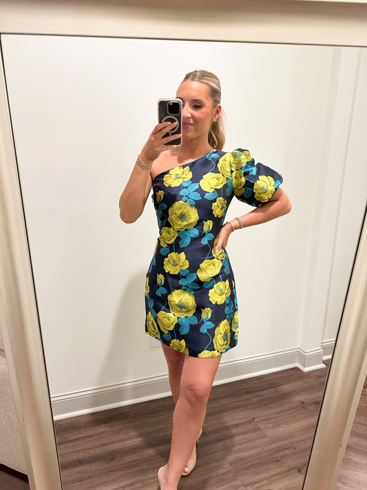 Astoria One Shoulder Mini Dress- Navy/Lime