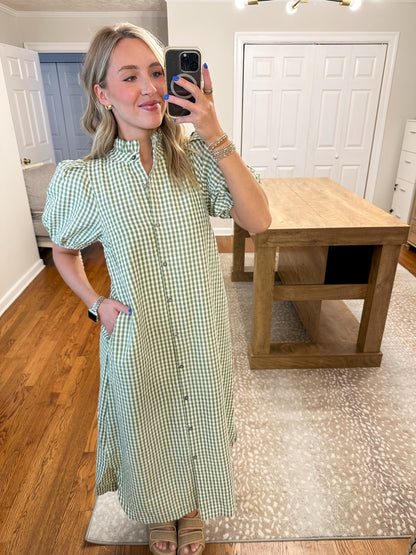 Gingham Midi Dress- Sage