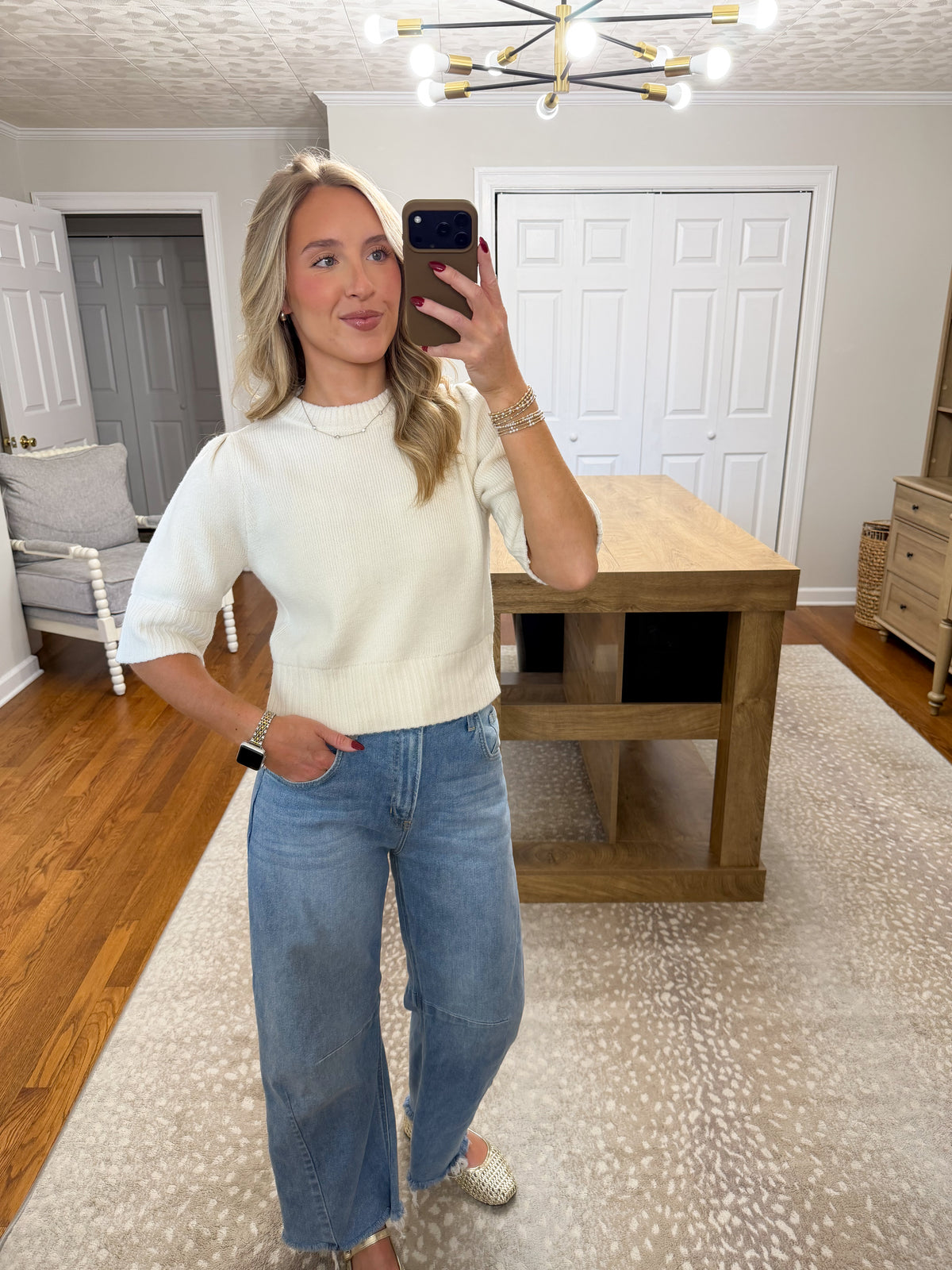 Puff Shoulder Short Sleeve Cropped Sweater- Cream