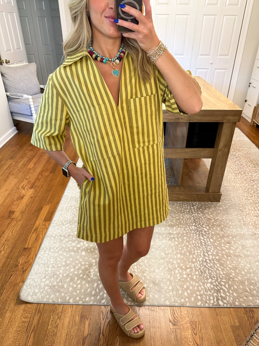Chloe Olive Stripe Shirt Dress- Kiwi Mocha