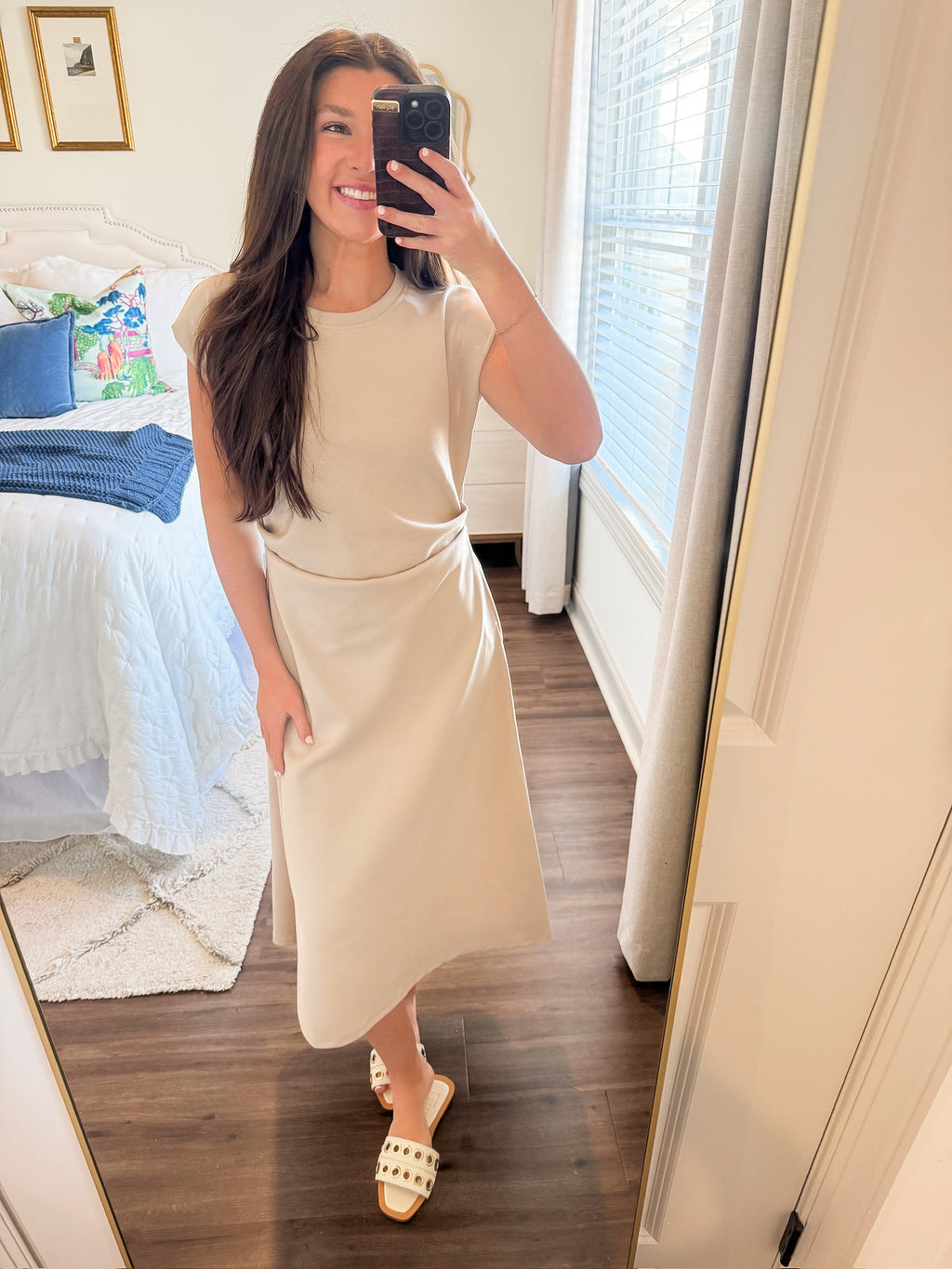 Neoprene Side Pleat Midi- Taupe