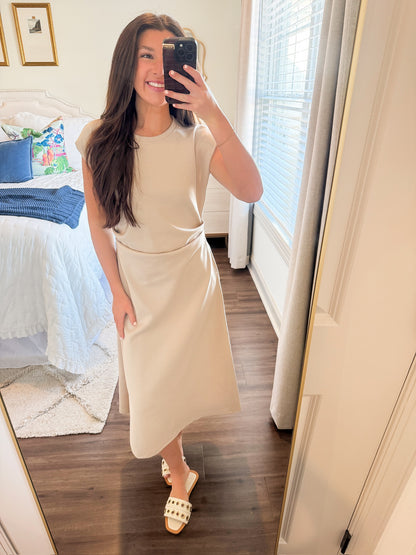 Neoprene Side Pleat Midi- Taupe