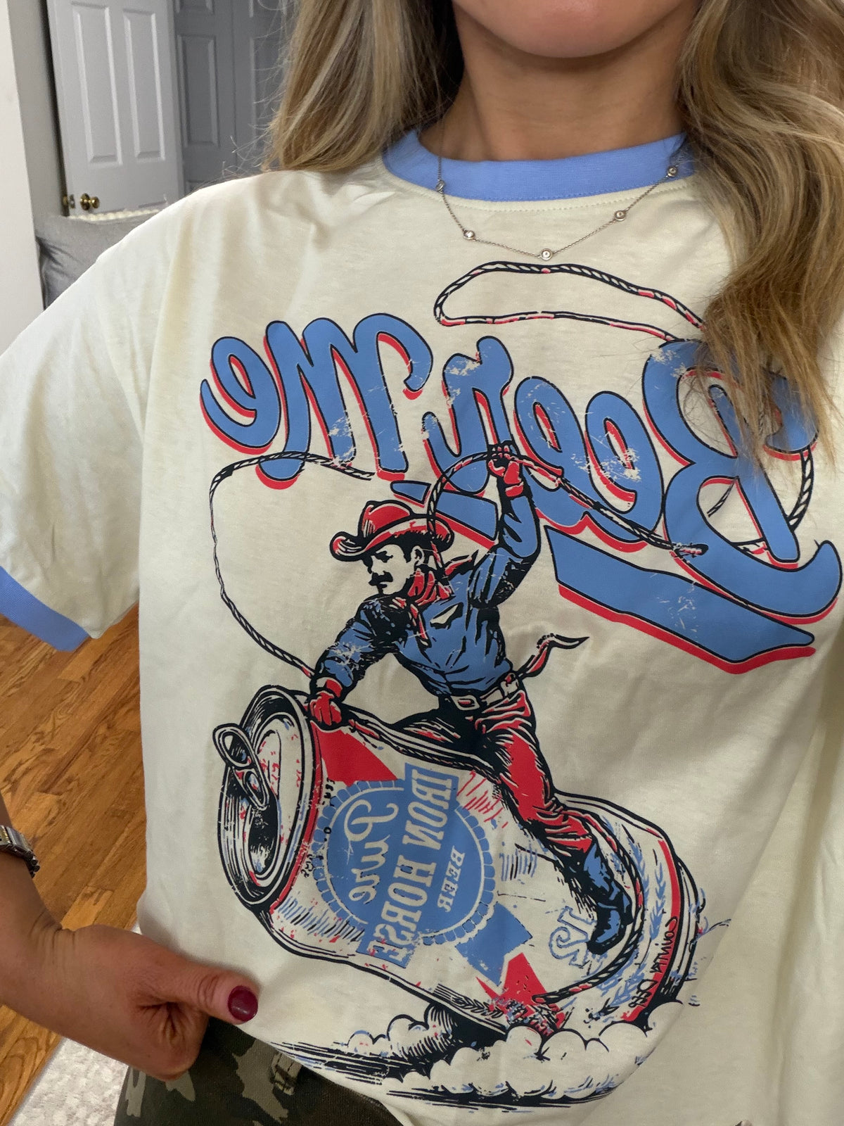 Beer Me Ringer Tee- Blue/Off-White