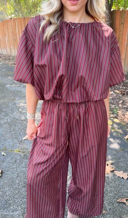 Collins Stripe Pants Set- Burgundy