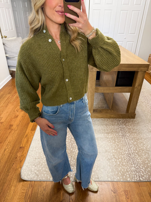 Mila Balloon Sleeve Cardigan- Olive