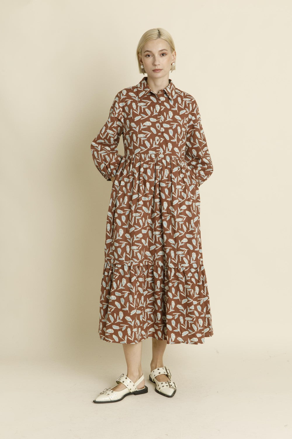 Pintuck Midi Shirt Dress- Brown