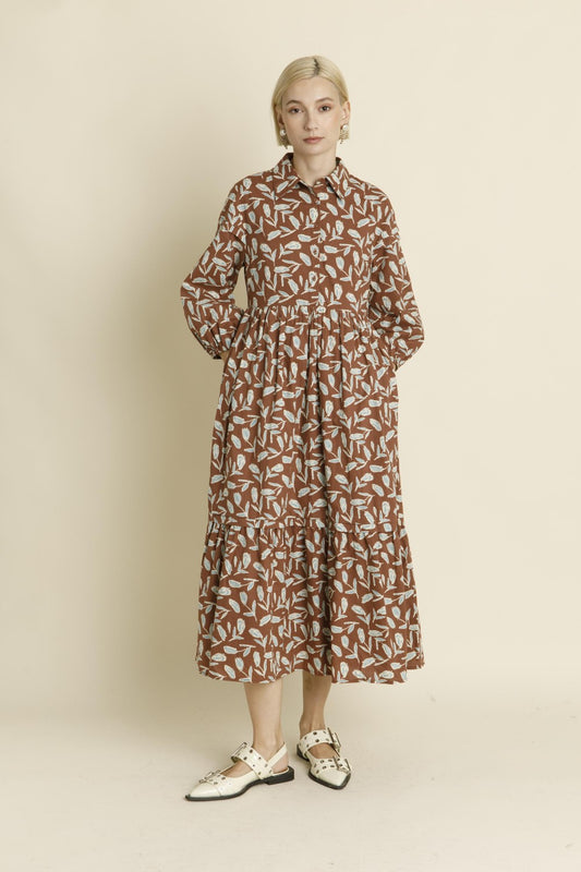 Pintuck Midi Shirt Dress- Brown
