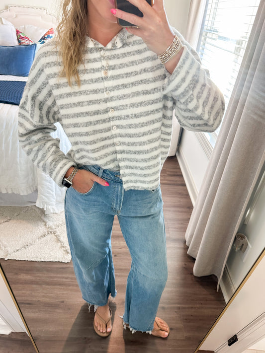 Piper Striped Cardigan- Grey/White