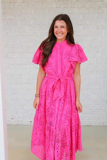 Palm Embroidered Midi- Pink