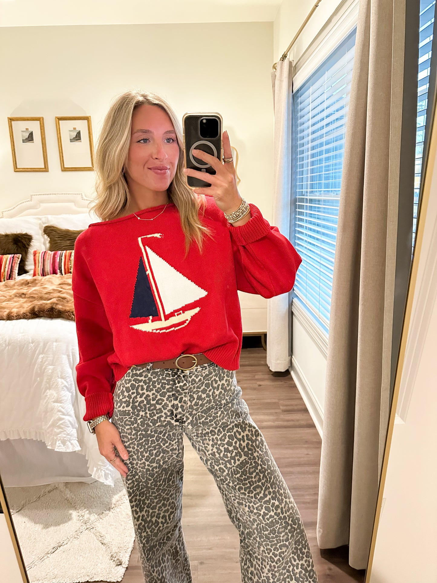 Boat Neck Sailboat Sweater- Red