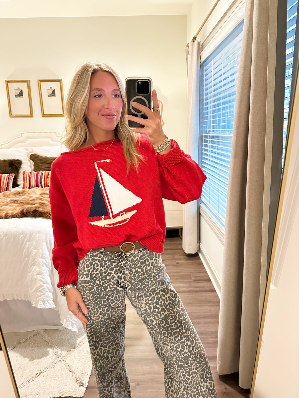 Boat Neck Sailboat Sweater- Red