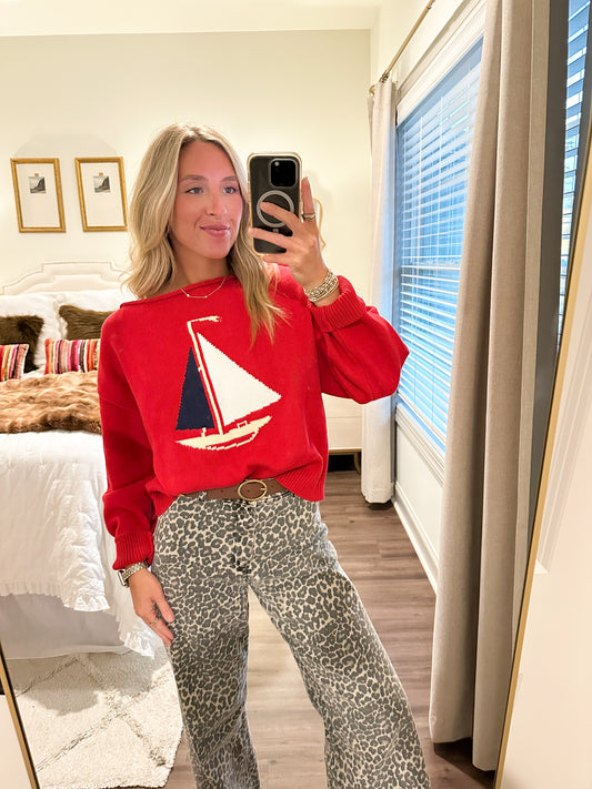 Boat Neck Sailboat Sweater- Red