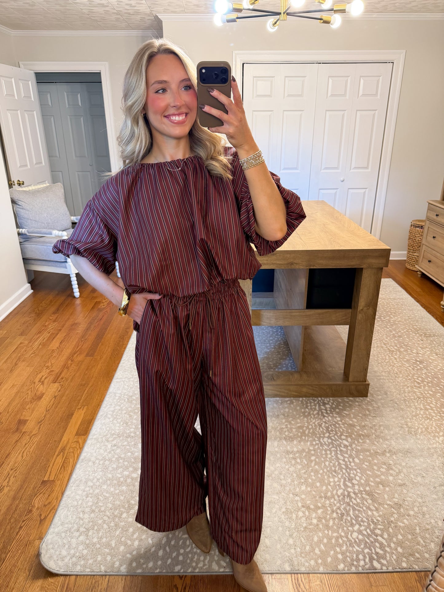 Collins Stripe Pants Set- Burgundy