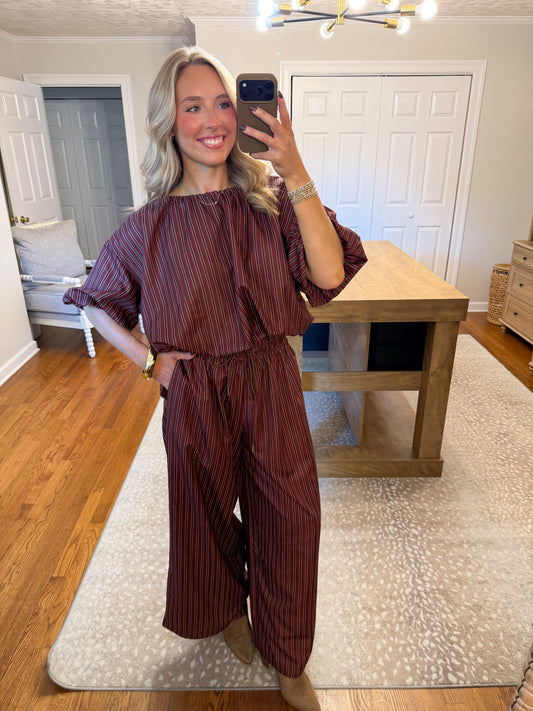 Collins Stripe Pants Set- Burgundy