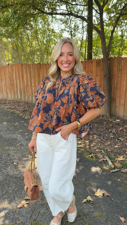 Zoey Floral Top- Navy/Rust