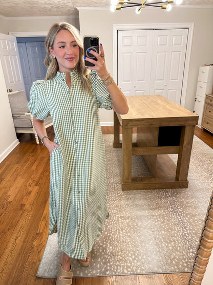 Gingham Midi Dress- Sage