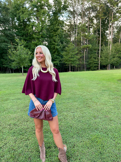 Slouchy Poncho Knit Top- Burgundy