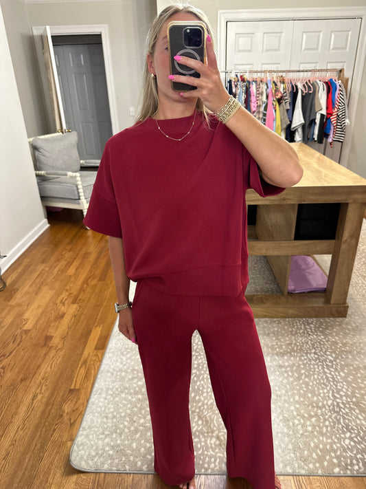 Ribbed Round Neck Tee & Pants Set- Cabernet