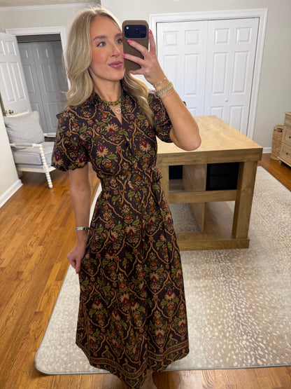 Lucy Paisley Puff Sleeve Midi Dress