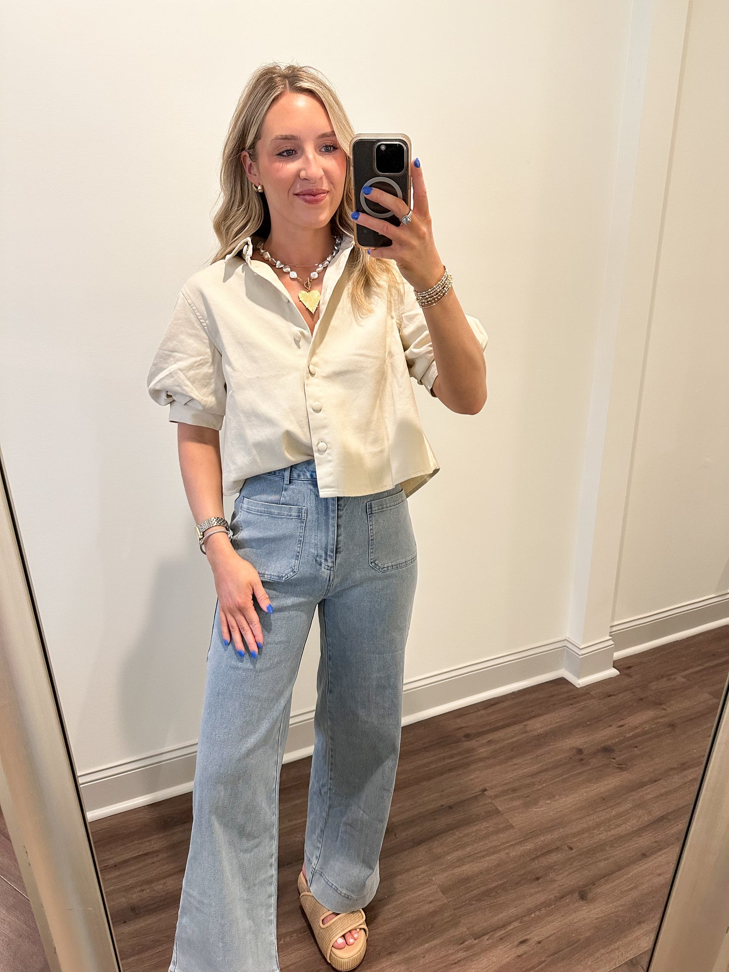 Kaia Puff-sleeve Cropped Shirt- Natural