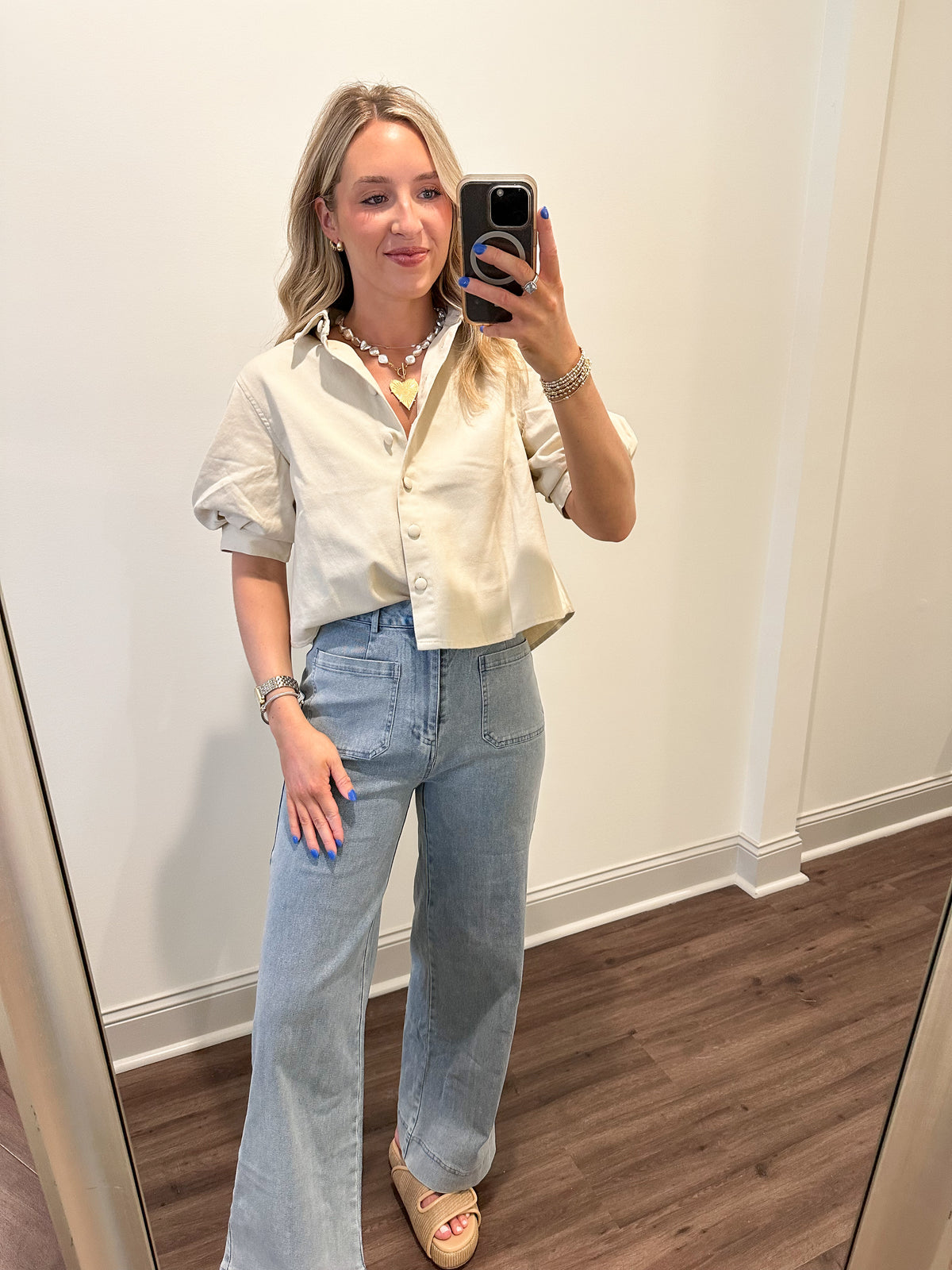 Kaia Puff-sleeve Cropped Shirt- Natural