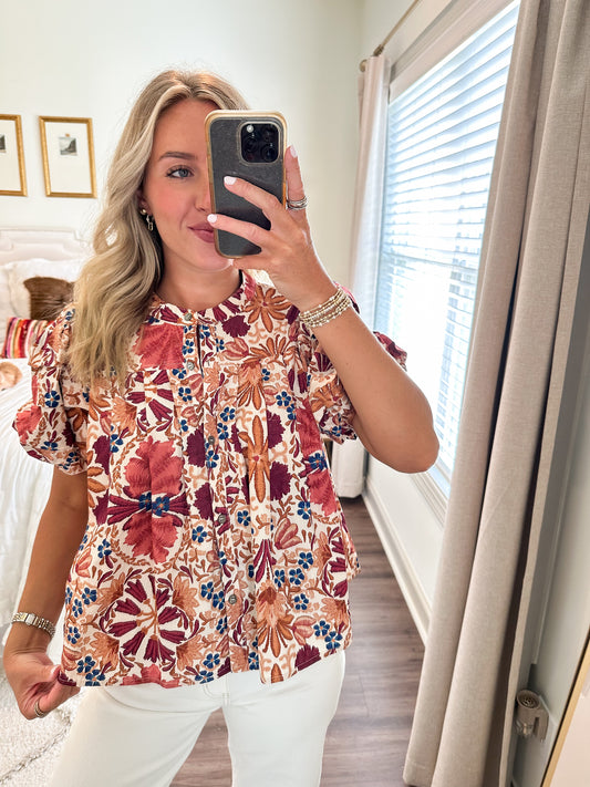 Bria Floral Balloon Shirt- Cream/Rust
