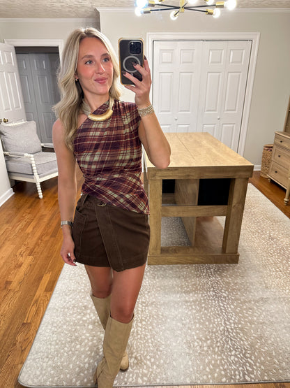 Janie Plaid Mesh Top- Brown