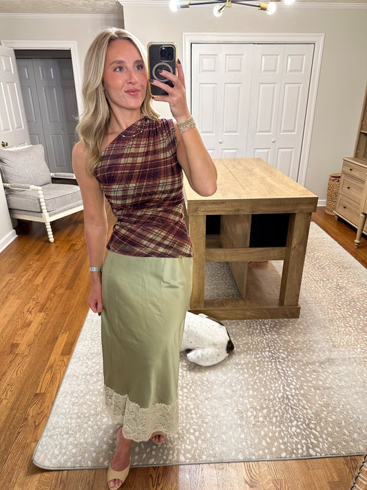 Janie Plaid Mesh Top- Brown