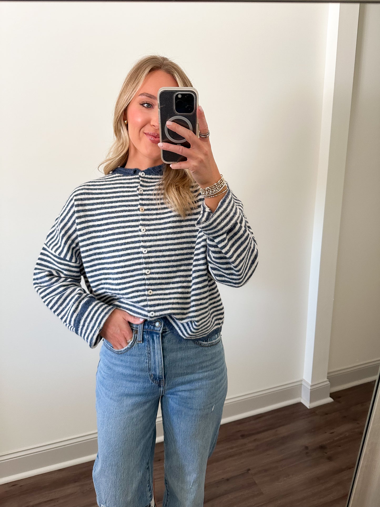 Piper Cardigan- Mini Stripe Denim