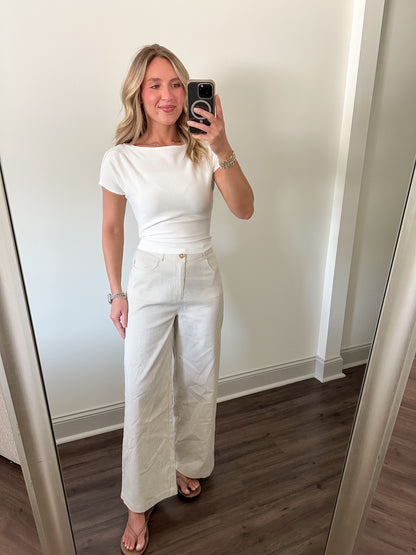 Angela Boat Neck Cinched Tee- Ivory