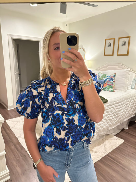 Beige Blue Floral Top