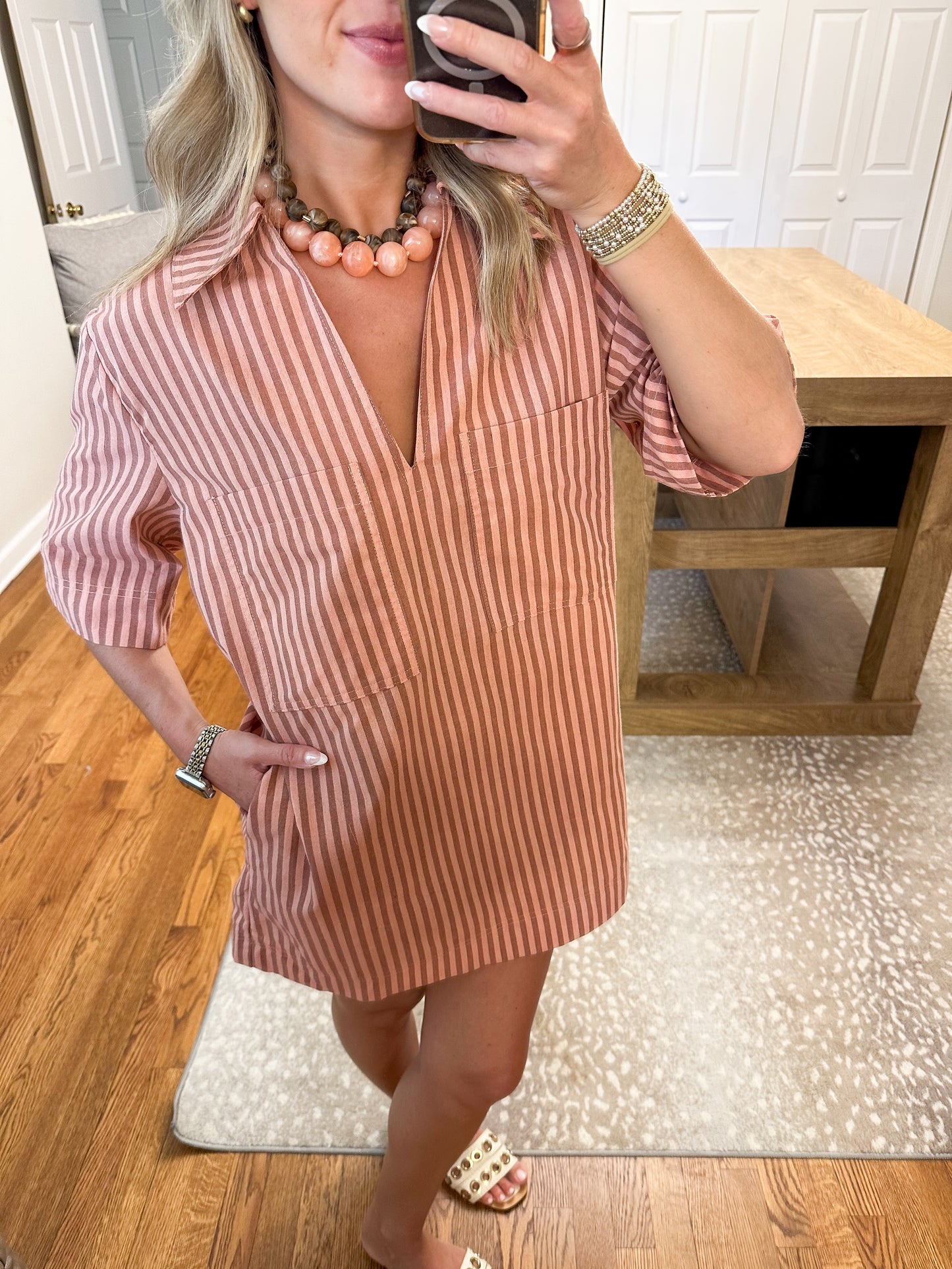Carlie Stripe Collard Dress- Peach