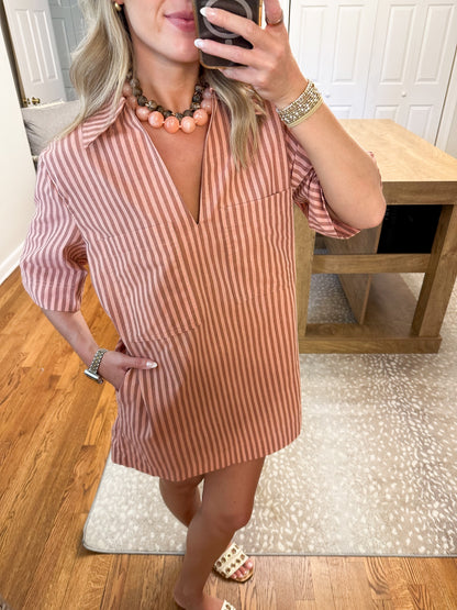 Carlie Stripe Collard Dress- Peach
