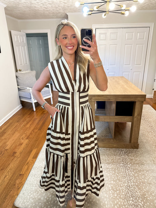Wide Stripe V Neck Zip Up Maxi Dress- Brown/White